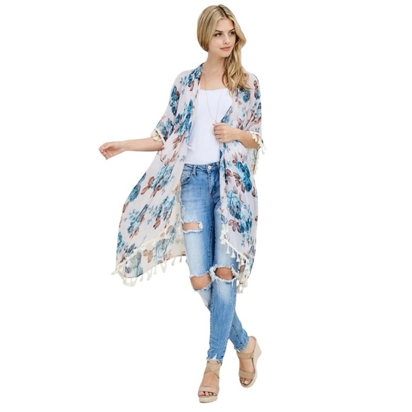 🌹RIAH FASHION TASSEL FLORAL SHEER KIMONO - Picture 1 of 6
